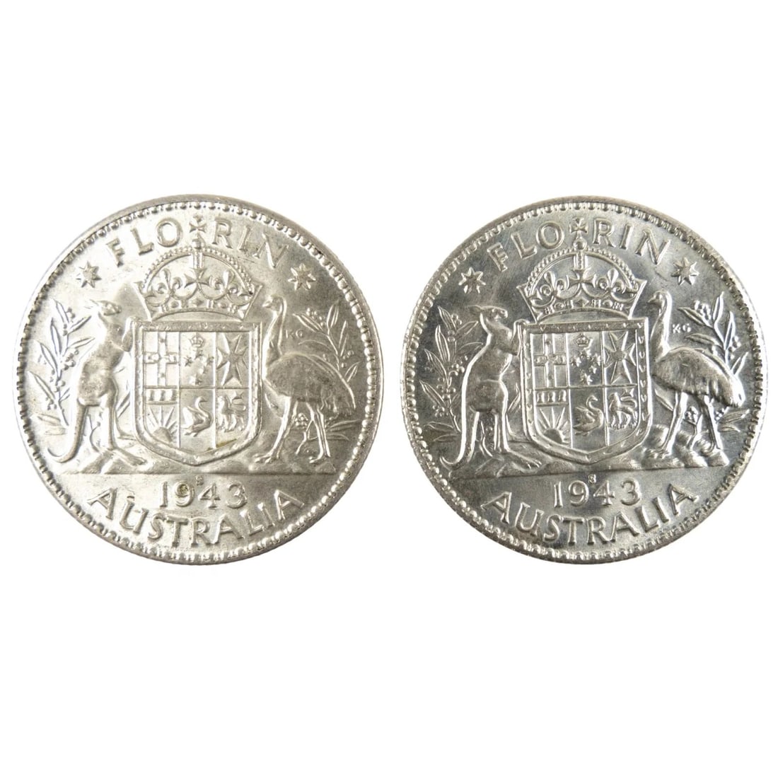 AUSTRALIA 1943 S SILVER (925) FLORINS, UNCIRCULATED (2 COINS): Australia 1943 S Silver (925) Florins, Uncirculated (2 coins)