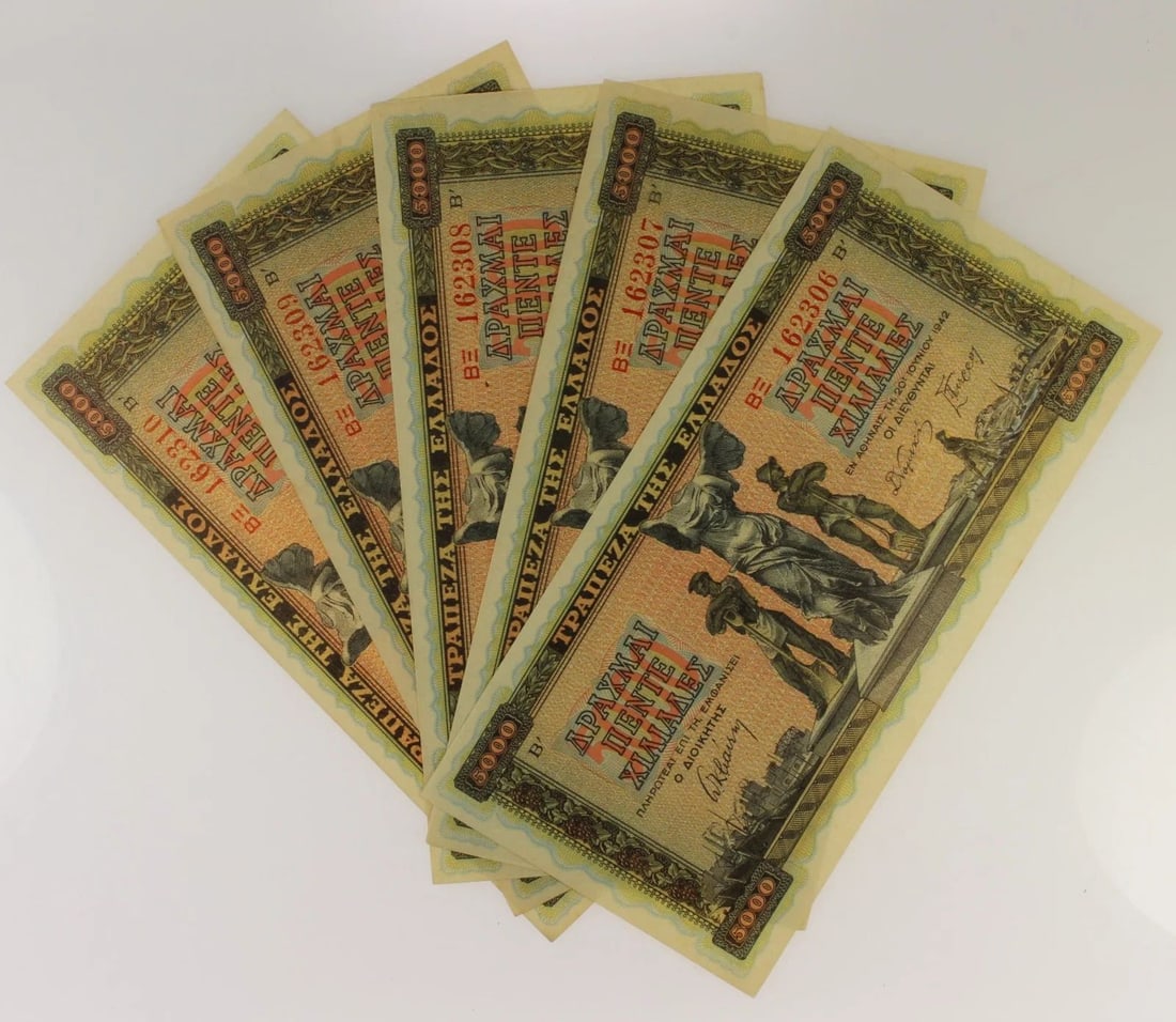 GREECE 21.6.1942 5000 DRACHMAI, UNCIRCULATED OPQ (CONSECUTIVE RUN OF 5): Pick#119 : Serial# 162306-10 Ex BundleConditionO(riginal) P(aper) Q(uality)MediumCoins, Monies & StampsExhibitedPaper Money, Europe