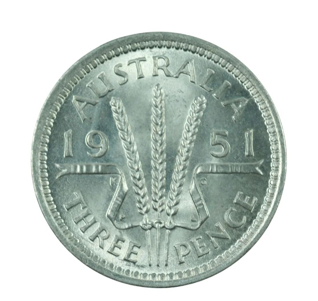 AUSTRALIA 1951 PL SILVER (500) THREEPENCE, CHOICE UNCIRCULATED: Australia 1951 PL Silver (500) Threepence, Choice Uncirculated