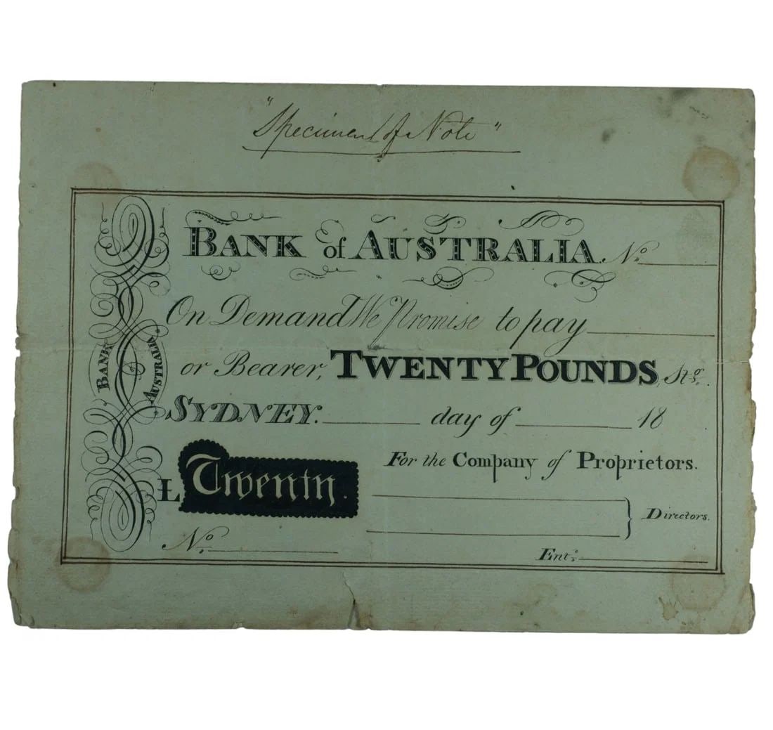 AUSTRALIA UNIQUE 'SPECIMEN' OF A PROPOSED BANK OF AUSTRALIA ?20 BANKNOTE, GOOD VERY FINE DETAIL: Australia Unique 'Specimen' of a proposed Bank of Australia ?20 Banknote, good Very Fine detail