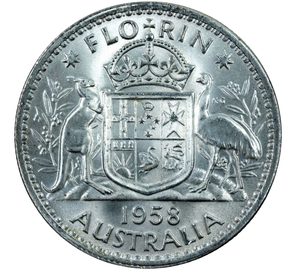 AUSTRALIA 1958 SILVER (500) FLORIN, CHOICE UNCIRCULATED: Australia 1958 Silver (500) Florin, Choice Uncirculated