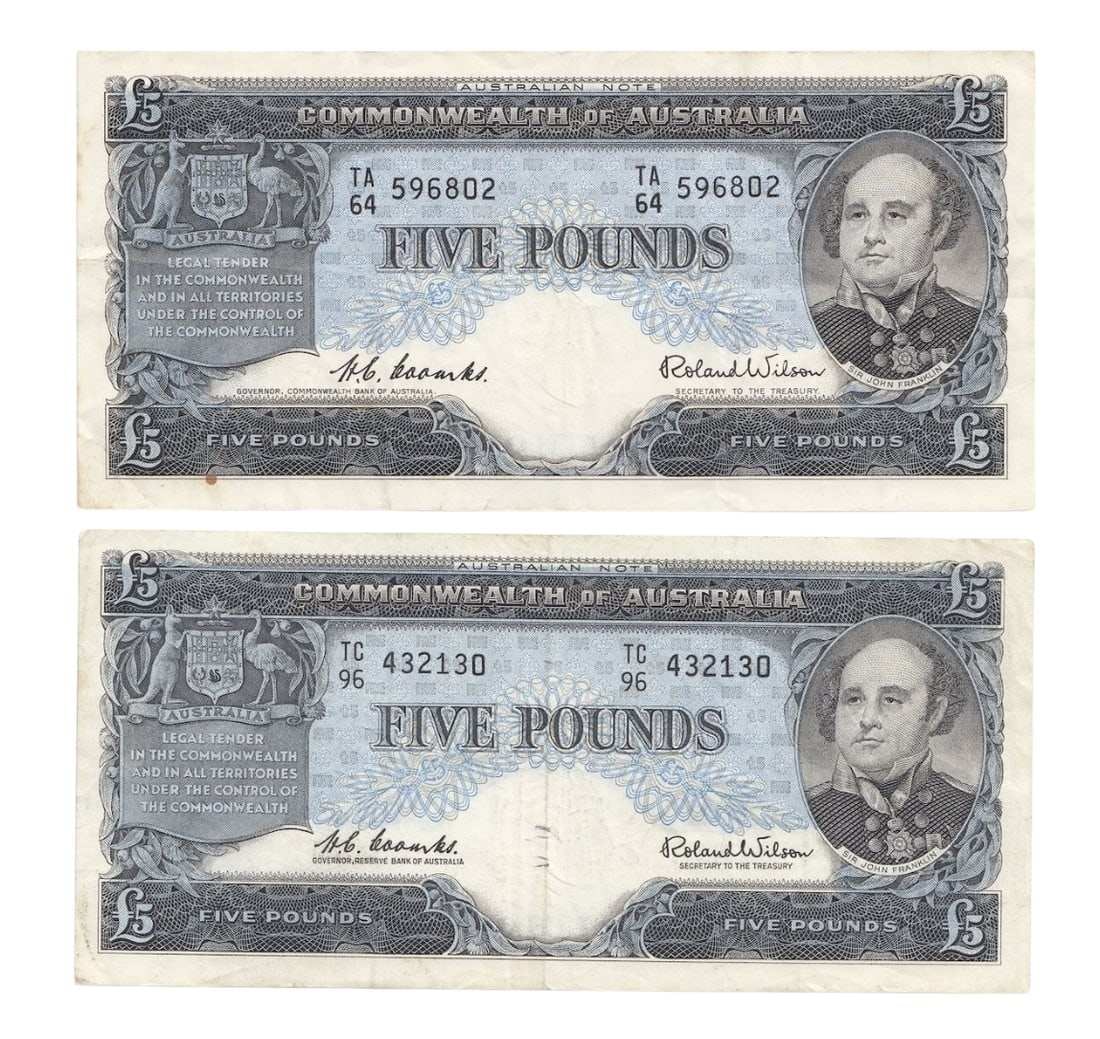 AUSTRALIA 'COOMBS - WILSON' COMMONWEALTH & RESERVE ?5, CRISP GOOD VERY FINE (2 NOTES): Australia 'Coombs - Wilson' Commonwealth & Reserve ?5, Crisp good Very Fine (2 notes)