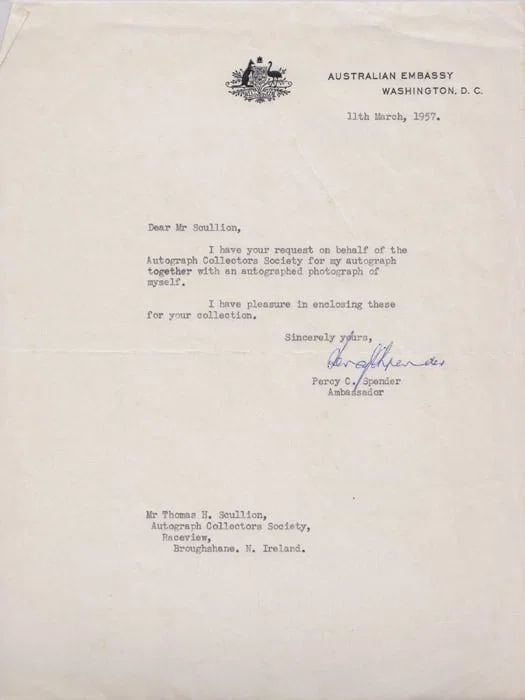 AUSTRALIA AUTOGRAPH OF AMBASSADOR TO WASHINGTON, SIR PERCY SPENDER: On official letterhead and dated 11th March, 1957MediumAutographs