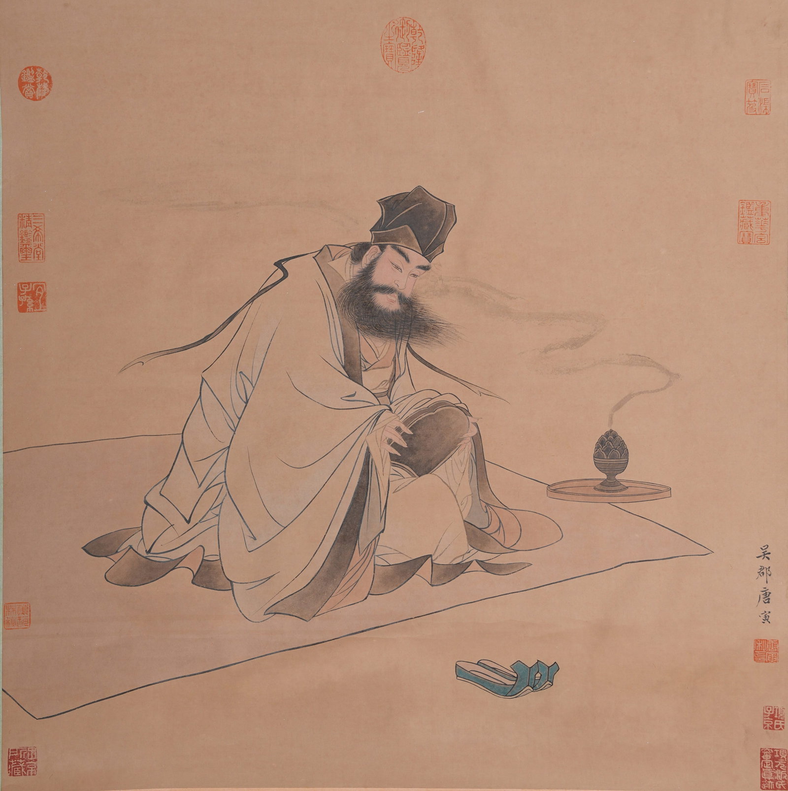 A FIGURE PAINTING ON PAPER BY TANG BOHU.唐伯虎: Figure Painting on Paper by Tang Bohu.唐伯虎