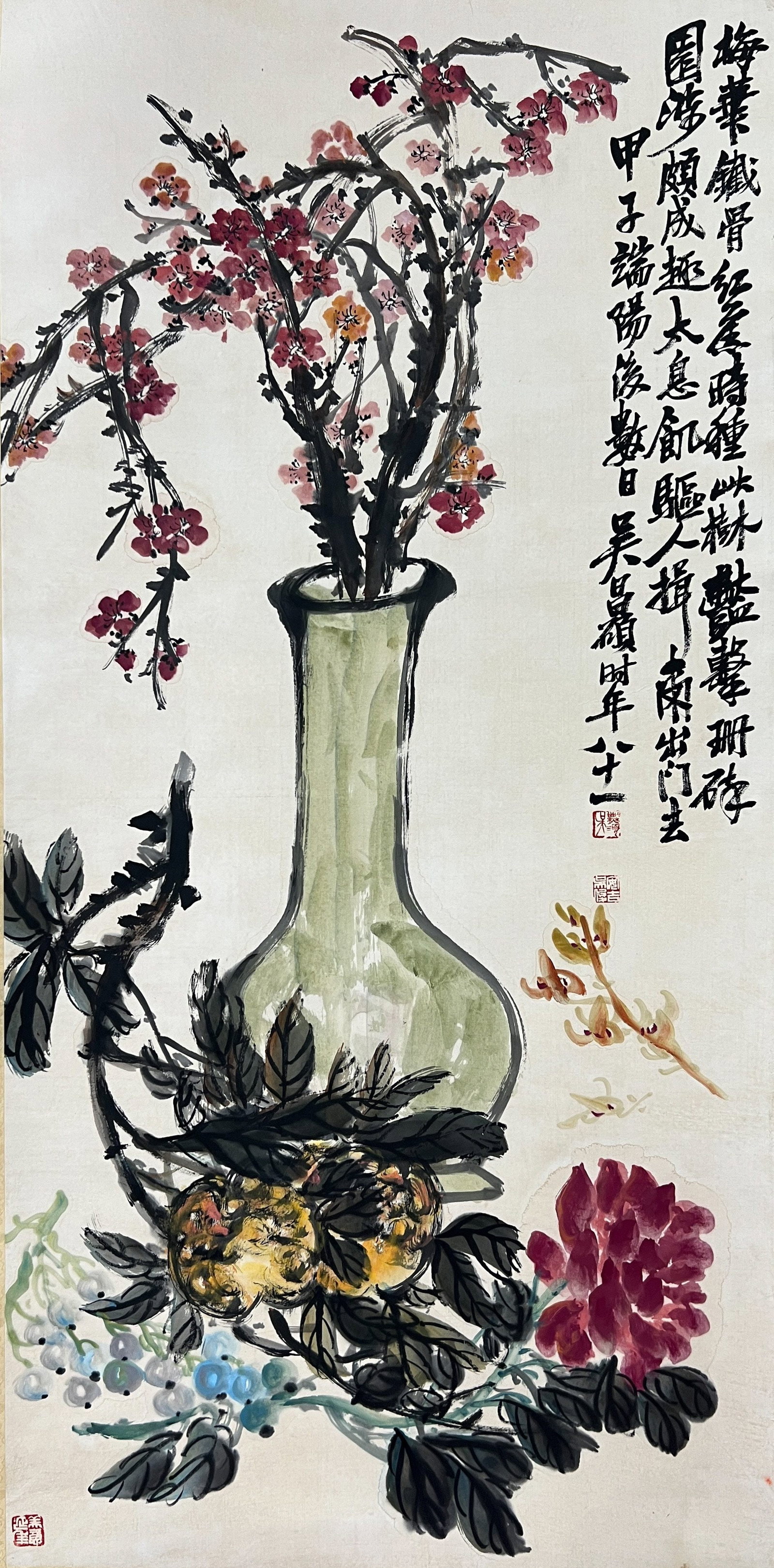 A FLOWERS ON PAPER BY WU CHANGSHUO, HANGING SCROLL.吳昌碩: Flowers on Paper by Wu Changshuo, Hanging Scroll.吳昌碩