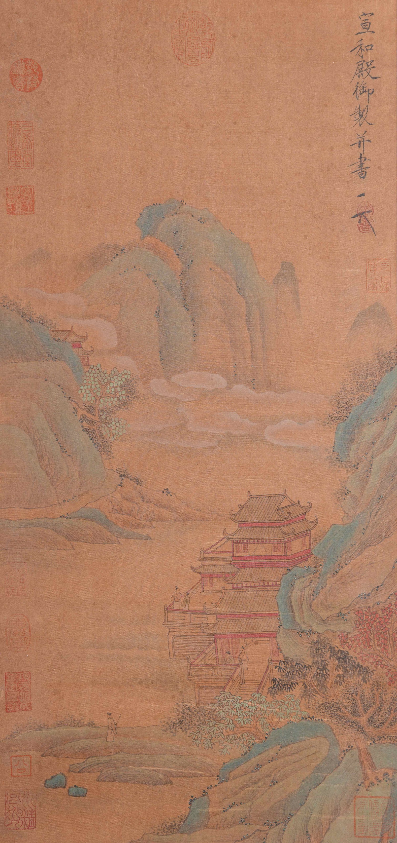 A IMMORTAL MOUNTAINS AND CLOUD PAVILIONS PAINTING ON SILK BY EMPEROR HUIZONG OF SONG.宋徽: Immortal Mountains and Cloud Pavilions Painting on Silk by Emperor Huizong of Song.宋徽宗