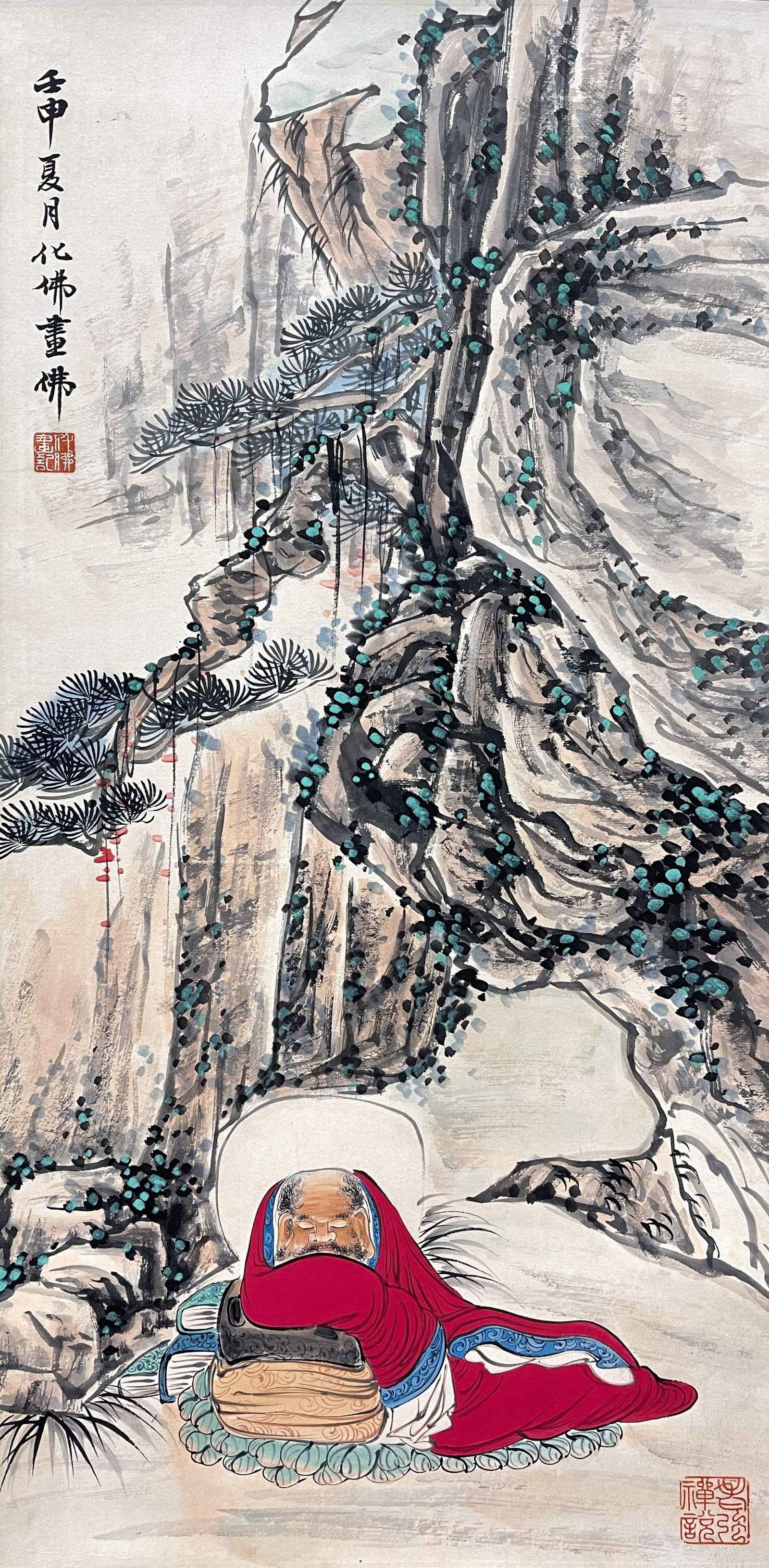 A ARHAT PAINTING ON PAPER BY QIAN HUAFO, HANGING SCROLL.錢化佛: Arhat Painting on Paper by Qian Huafo, Hanging Scroll.錢化佛