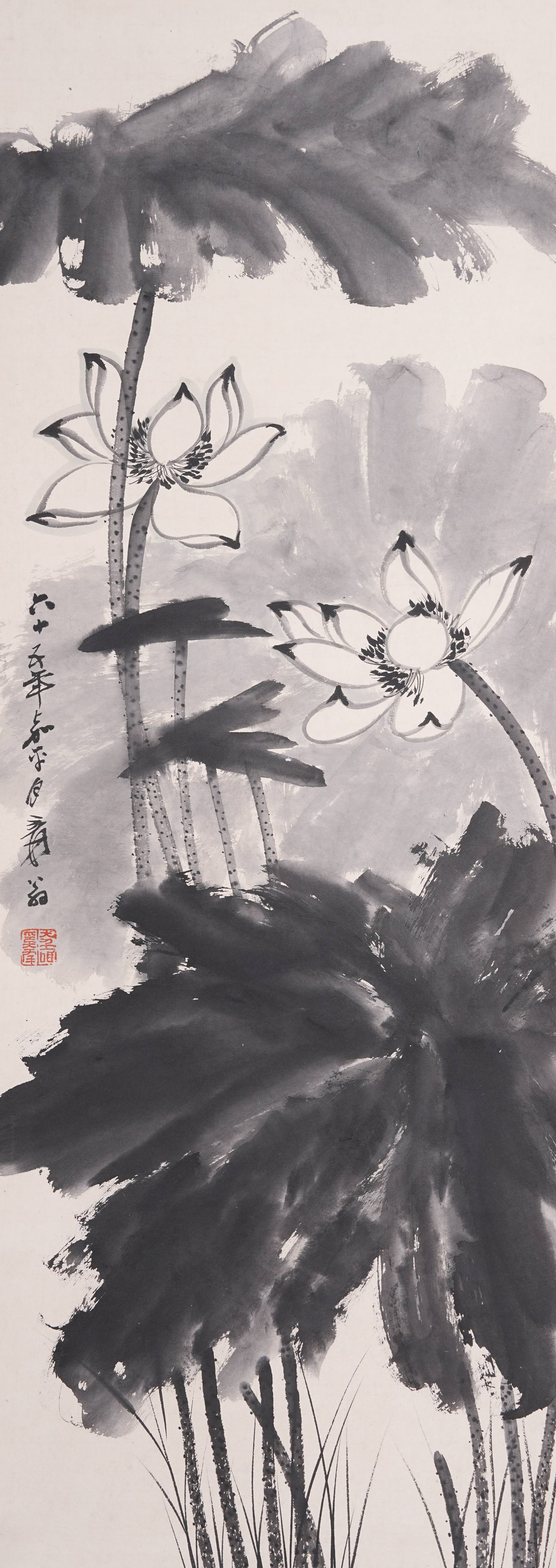 A LOTUS PAINTING ON PAPER BY ZHANG DAQIAN.張大千: Lotus Painting on Paper by Zhang Daqian.張大千