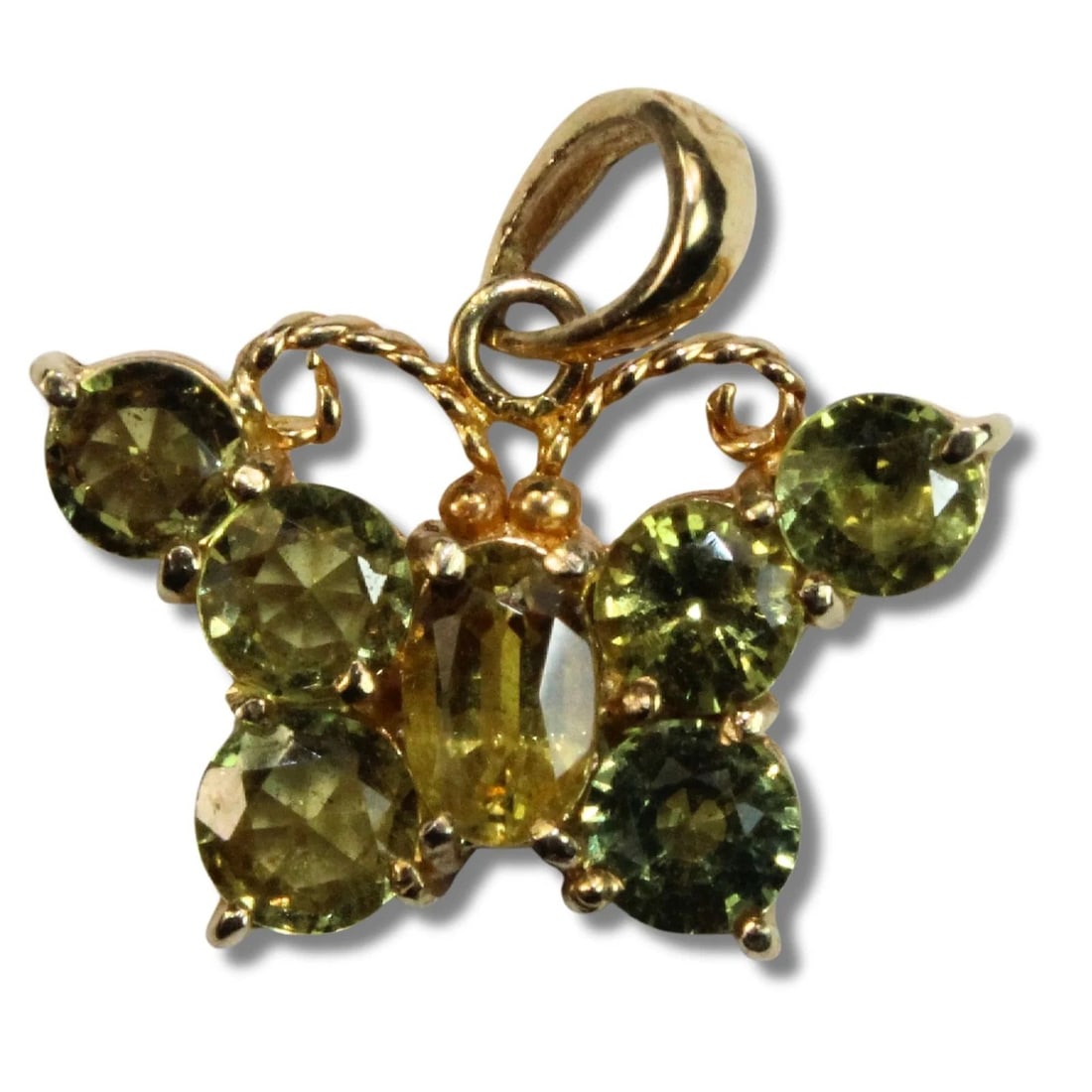 GOLD BUTTERFLY PENDANT IN 14CT YELLOW GOLD INSET WITH YELLOW-GREEN SAPPHIRES: Gold Butterfly Pendant in 14ct Yellow Gold inset with Yellow-Green Sapphires