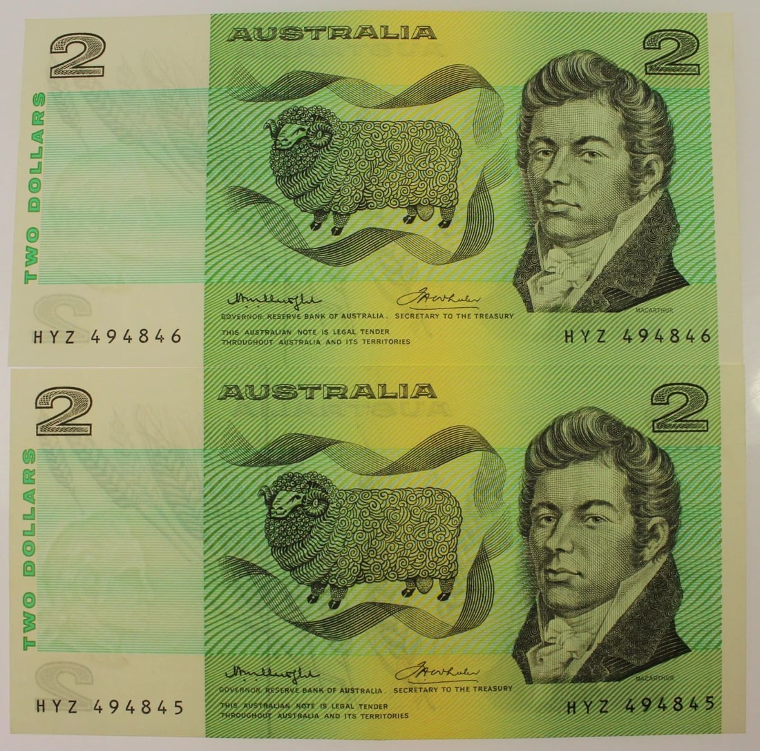 AUSTRALIA 'KNIGHT - WHEELER' OCR-B SIDE $2 (1975), VIRTUALLY UNCIRCULATED OPQ (CONSECUTIVE PAIR): Renniks# 86c : Serial# HYZ 494845-6ConditionO(riginal) P(aper) Q(uality)MediumCoins, Monies & StampsExhibitedPaper Money, Australia & New Zealand