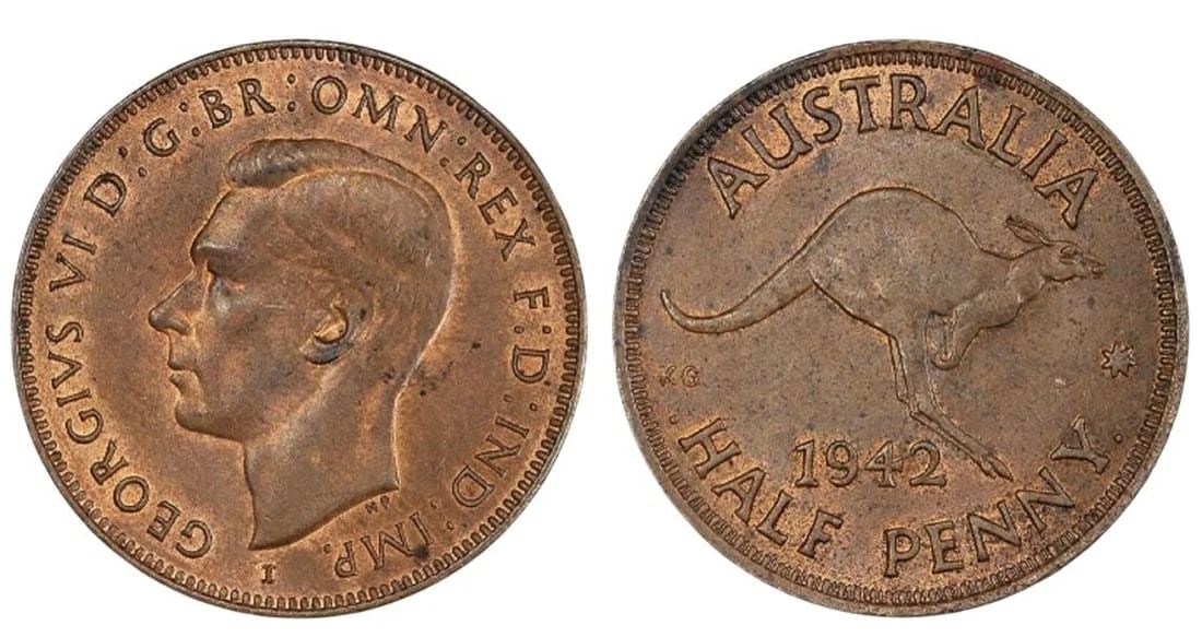 AUSTRALIA 1942 I (B) 'LONG REVERSE DENTICLE' HALFPENNY, PCGS MS63RB (POP 4): Australia 1942 I (B) 'Long Reverse Denticle' Halfpenny, PCGS MS63RB (Pop 4)