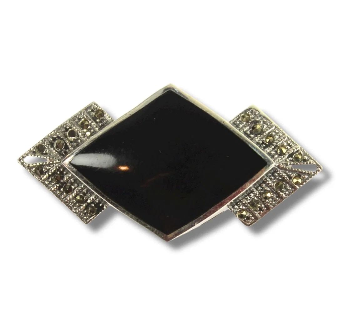 DECO-STYLE BLACK RESIN & MARCASITE BROOCH IN STERLING (925) SILVER: Deco-style Black Resin & Marcasite Brooch in Sterling (925) Silver