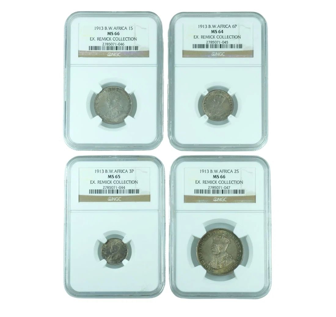 BRITISH WEST AFRICA 1913 (L) SILVER (925) 3D, 6D, 1/- & 2/- SET, NGC MS65, 64, 66, & 66 (4 COINS): British West Africa 1913 (L) Silver (925) 3d, 6d, 1/- & 2/- Set, NGC MS65, 64, 66, & 66 (4 Coins)