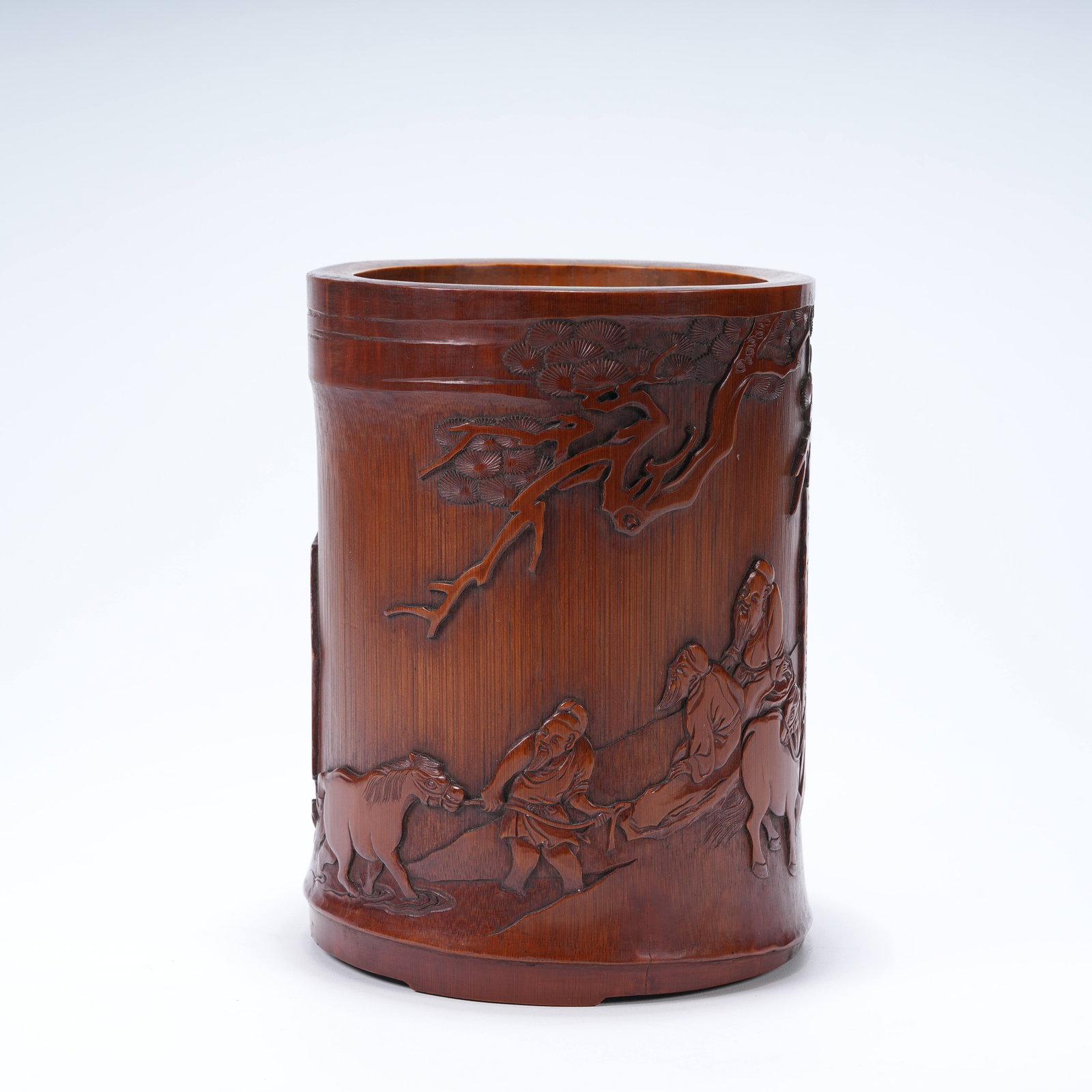 A BAMBOO CARVED BRUSH POT WITH HORSES BATHING BY PINE STREAM (1 of 9)