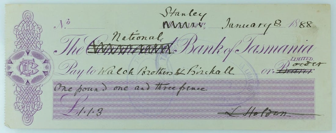 AUSTRALIA 19TH CENTURY 'NATIONAL BANK OF TASMANIA LIMITED' CHEQUE, VERY FINE (1 of 2)