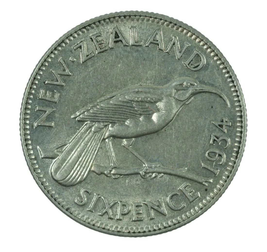 NEW ZEALAND 1934 SILVER (500) SIXPENCE, ABOUT UNCIRCULATED: New Zealand 1934 Silver (500) Sixpence, about Uncirculated