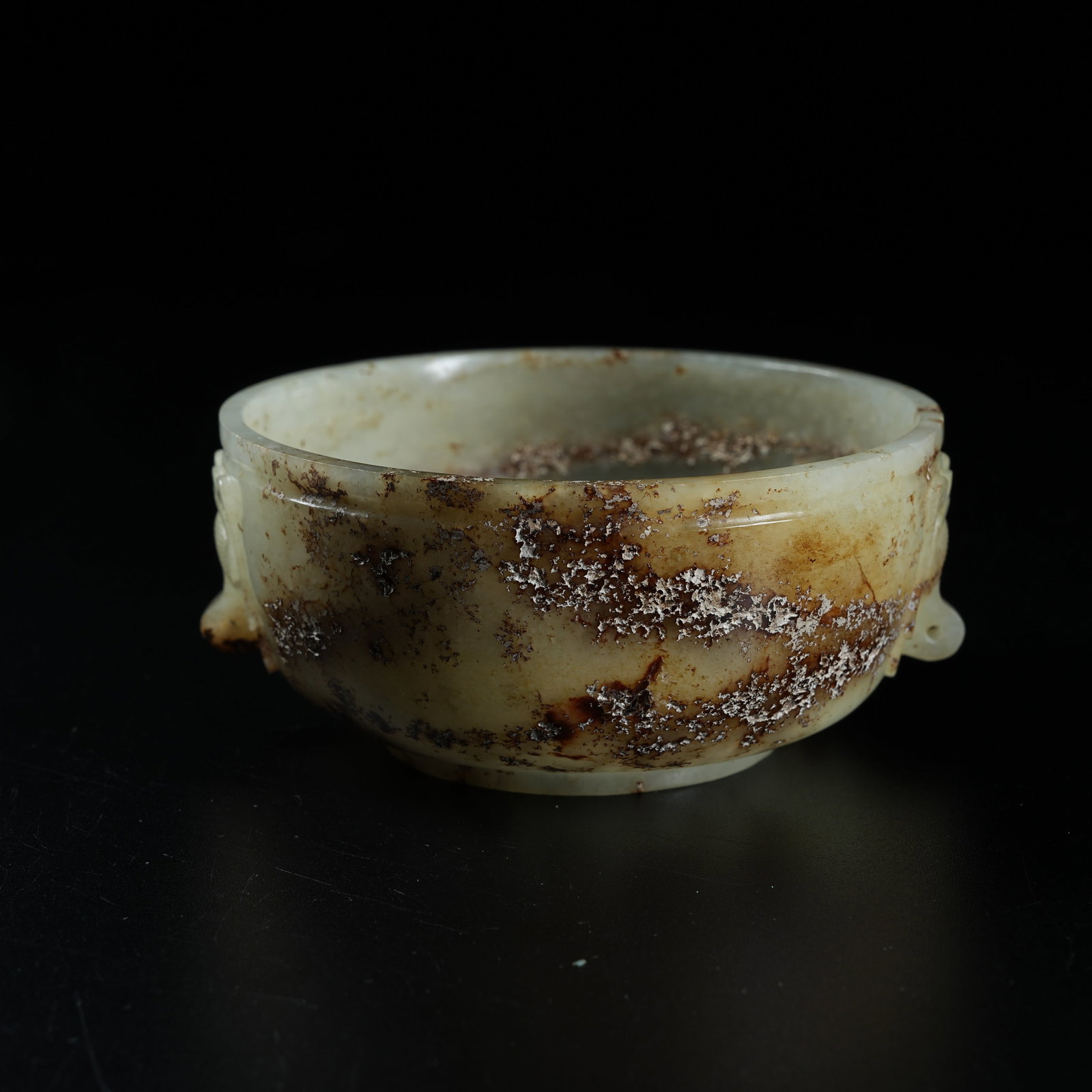 A ARCHAIC JADE CUP WITH BEAST MASK PATTERN: Archaic Jade Cup with Beast Mask Pattern