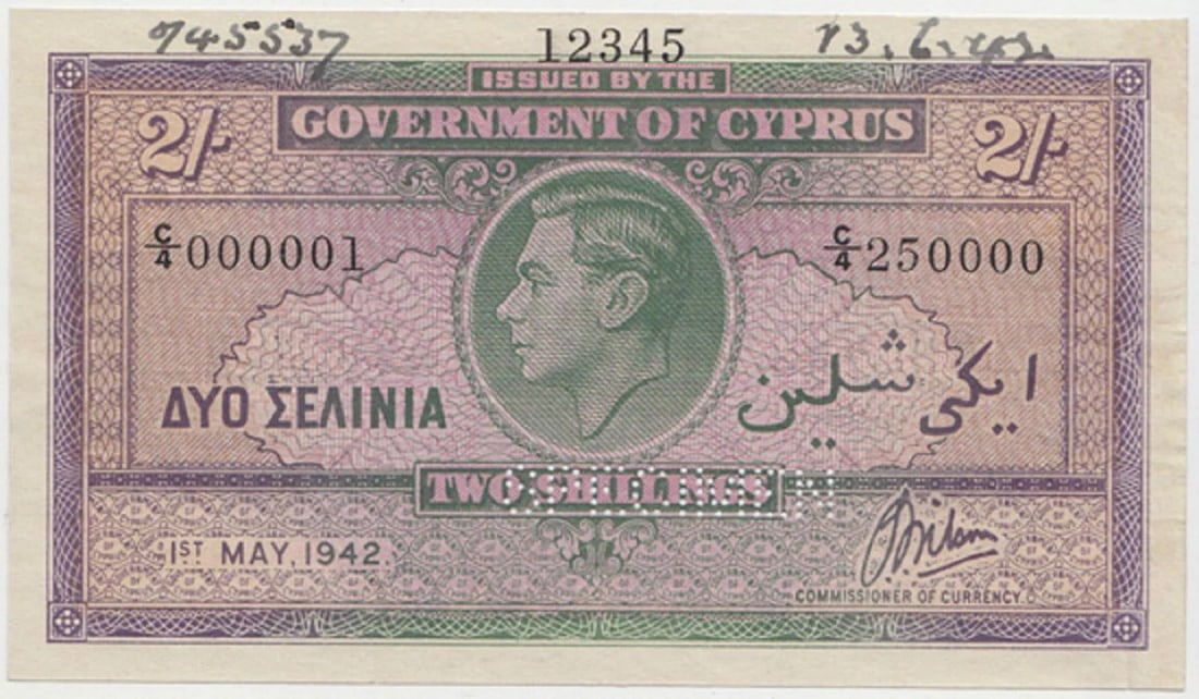CYPRUS '1ST MAY, 1942' 'SPECIMEN' 2/-, VIRTUALLY UNCIRCULATED OPQ: Like Pick# 21 : Serial# C4 000001ConditionO(riginal) P(aper) Q(uality), lightly handledMediumCoins, Monies & StampsLiteraturePerforated "SPECIMEN". Numbered on edge "12345" Pen notation to top edge "9