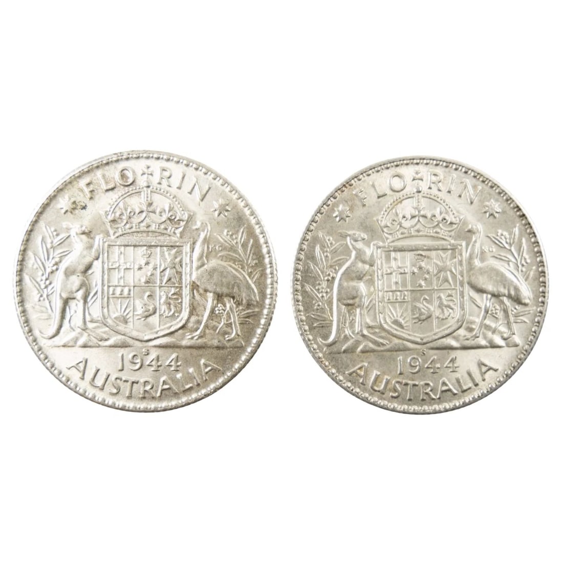 AUSTRALIA 1944 'SERIF S' & 'PLAIN S' SILVER (925) FLORINS, CHOICE UNCIRCULATED (2 COINS): Australia 1944 'Serif S' & 'Plain S' Silver (925) Florins, Choice Uncirculated (2 coins)