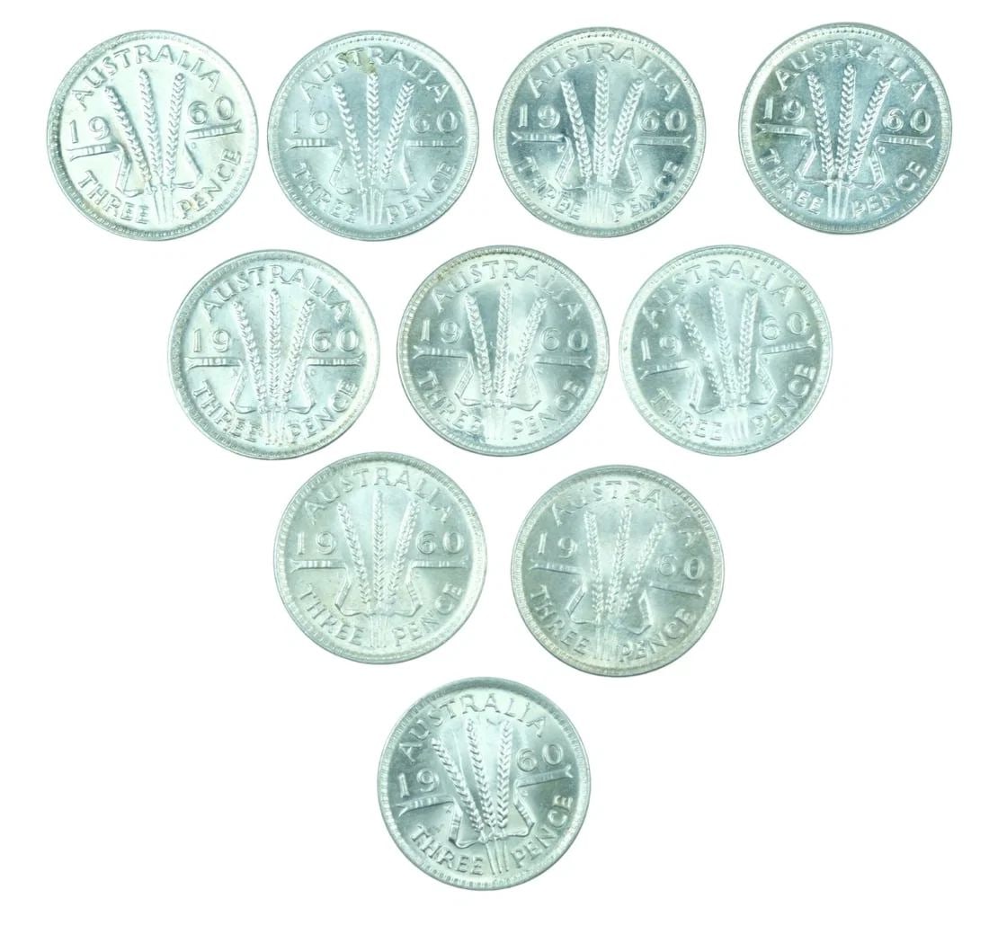 AUSTRALIA 1960 SILVER (500) THREEPENCES, CHOICE UNCIRCULATED (10 COINS): Australia 1960 Silver (500) Threepences, Choice Uncirculated (10 Coins)
