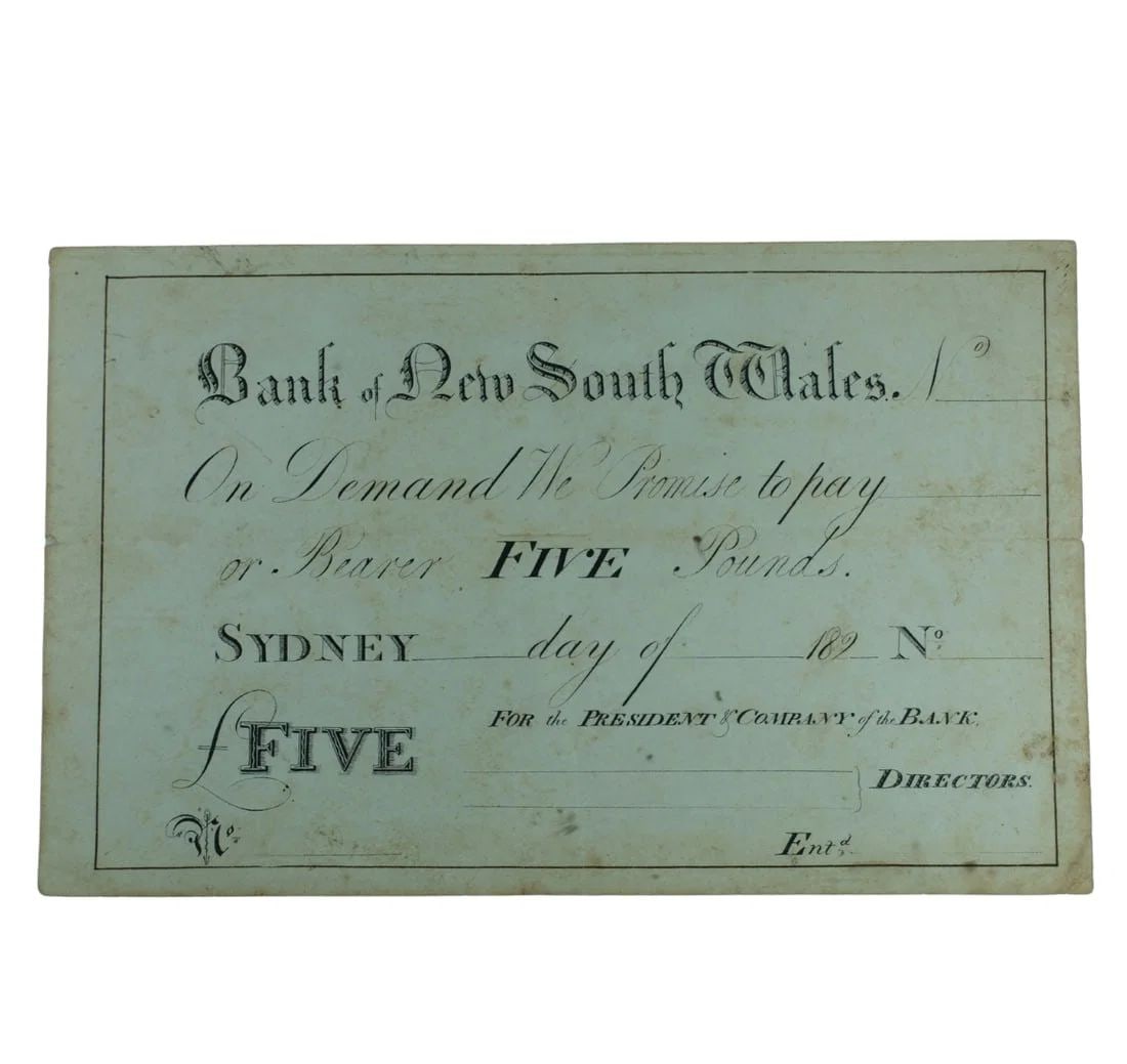 AUSTRALIA UNIQUE 'SPECIMEN' OF A PROPOSED BANK OF NEW SOUTH WALES ?5 BANKNOTE, GOOD VERY FINE D: Australia Unique 'Specimen' of a proposed Bank of New South Wales ?5 Banknote, good Very Fine d