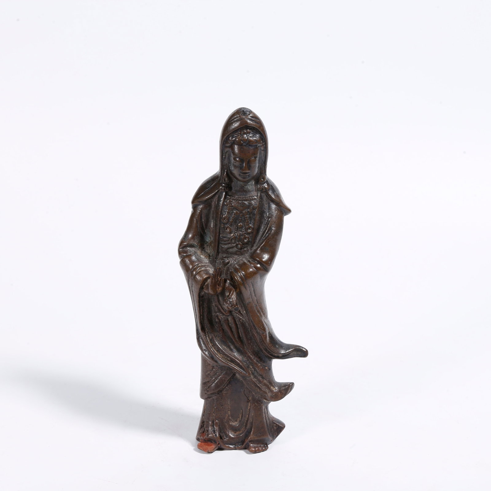 A BRONZE GUANYIN STATUE WITH VASE: Bronze Guanyin Statue with Vase