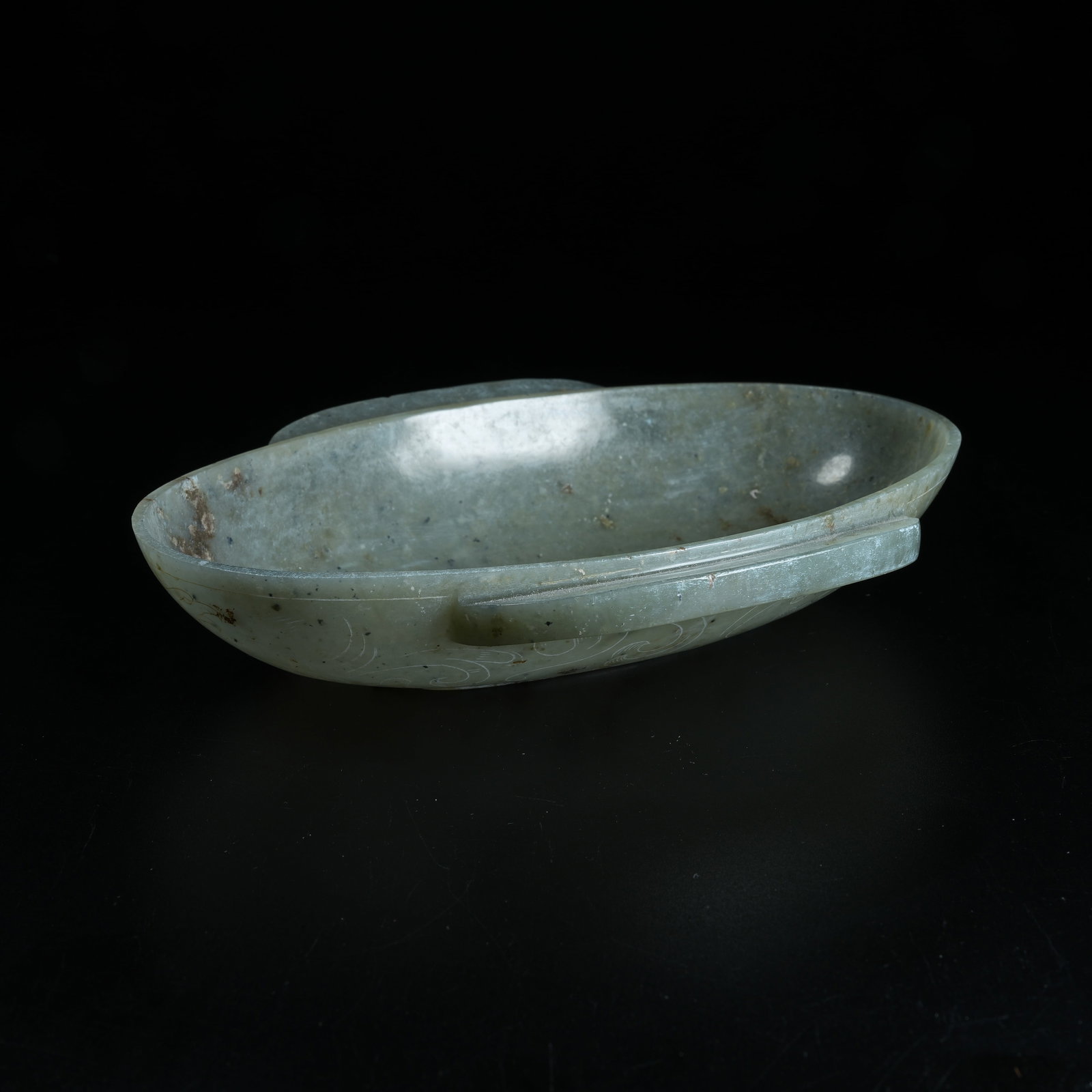 A ANCIENT JADE EAR CUP WITH BEAST PATTERNS: Ancient Jade Ear Cup with Beast Patterns