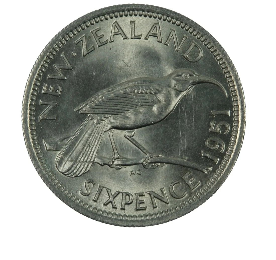 NEW ZEALAND 1951 CU-NI SIXPENCE, NEAR GEM (1 of 2)