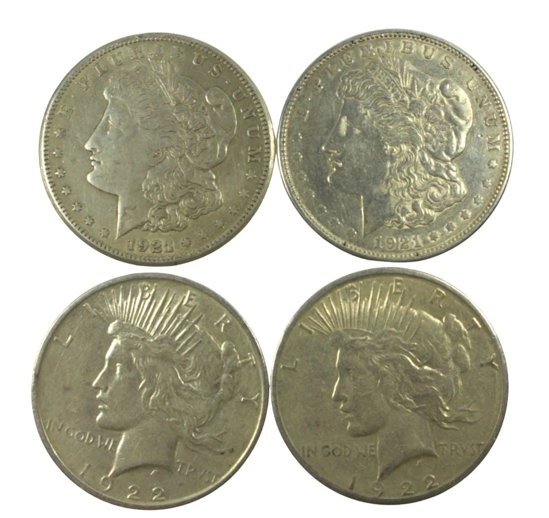 U.S.A. 1921 'S' & 'D' MORGAN AND 1922 'S' & 'D' PEACE SILVER (900) $1'S, VF OR BETTER (4 COINS): U.S.A. 1921 'S' & 'D' Morgan and 1922 'S' & 'D' Peace Silver (900) $1's, VF or better (4 coins)