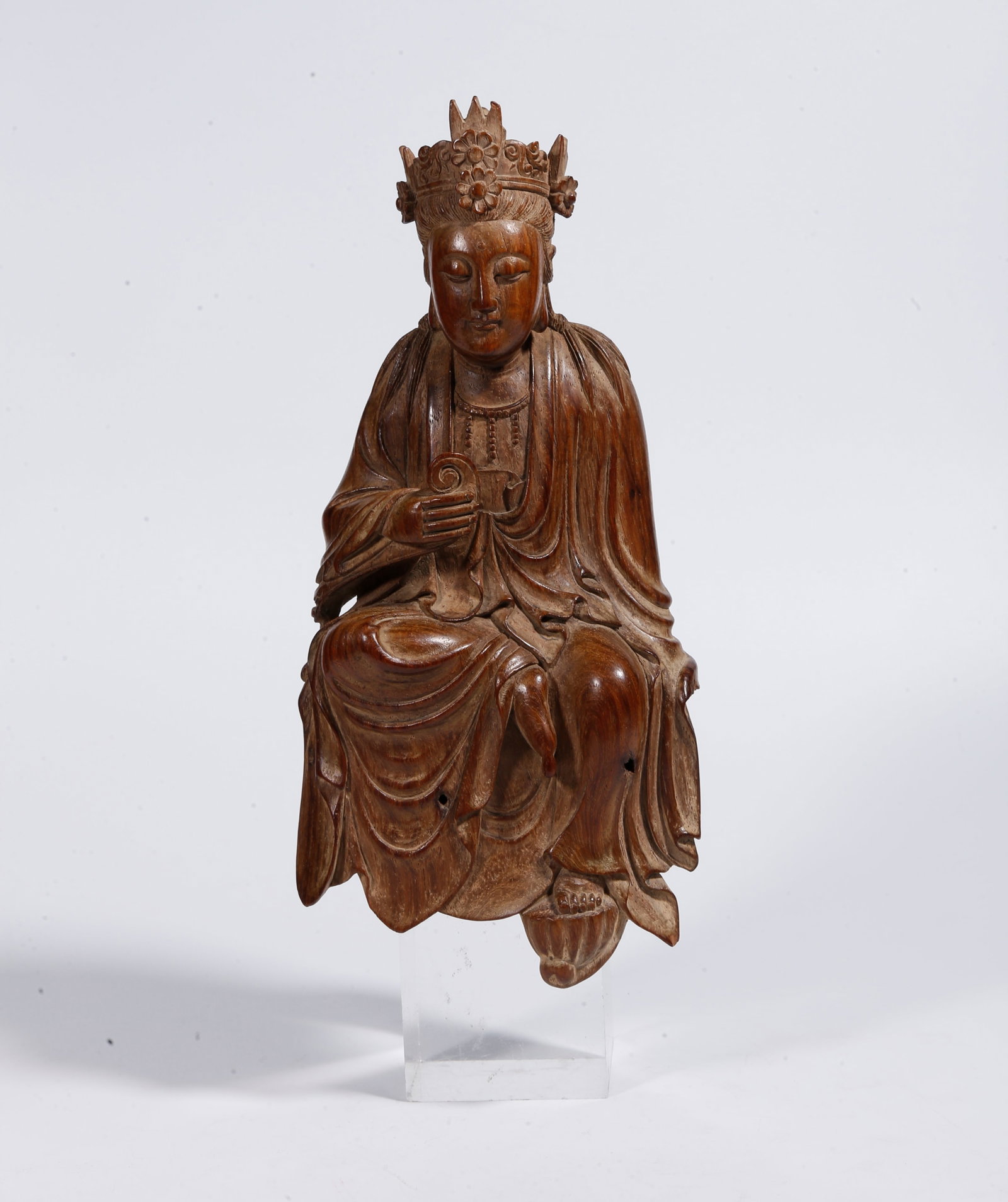 A HUANGHUALI WOOD CARVED GUANYIN STATUE: Huanghuali Wood Carved Guanyin Statue