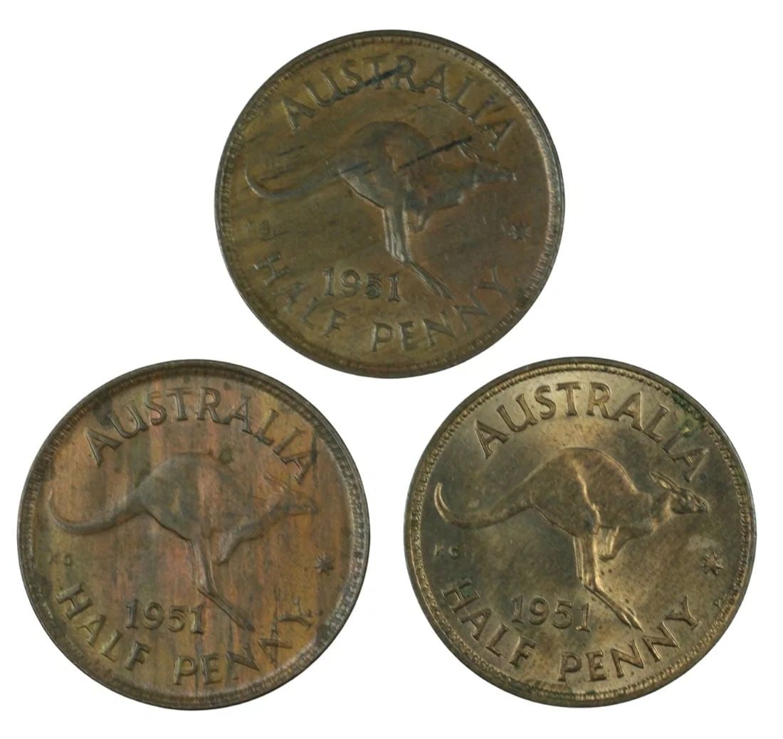 AUSTRALIA 1951 Y. (OBV 4), 1951 Y. (OBV 5) & 1951 PL HALFPENNIES, UNCIRCULATED RB (3 COINS) (1 of 2)