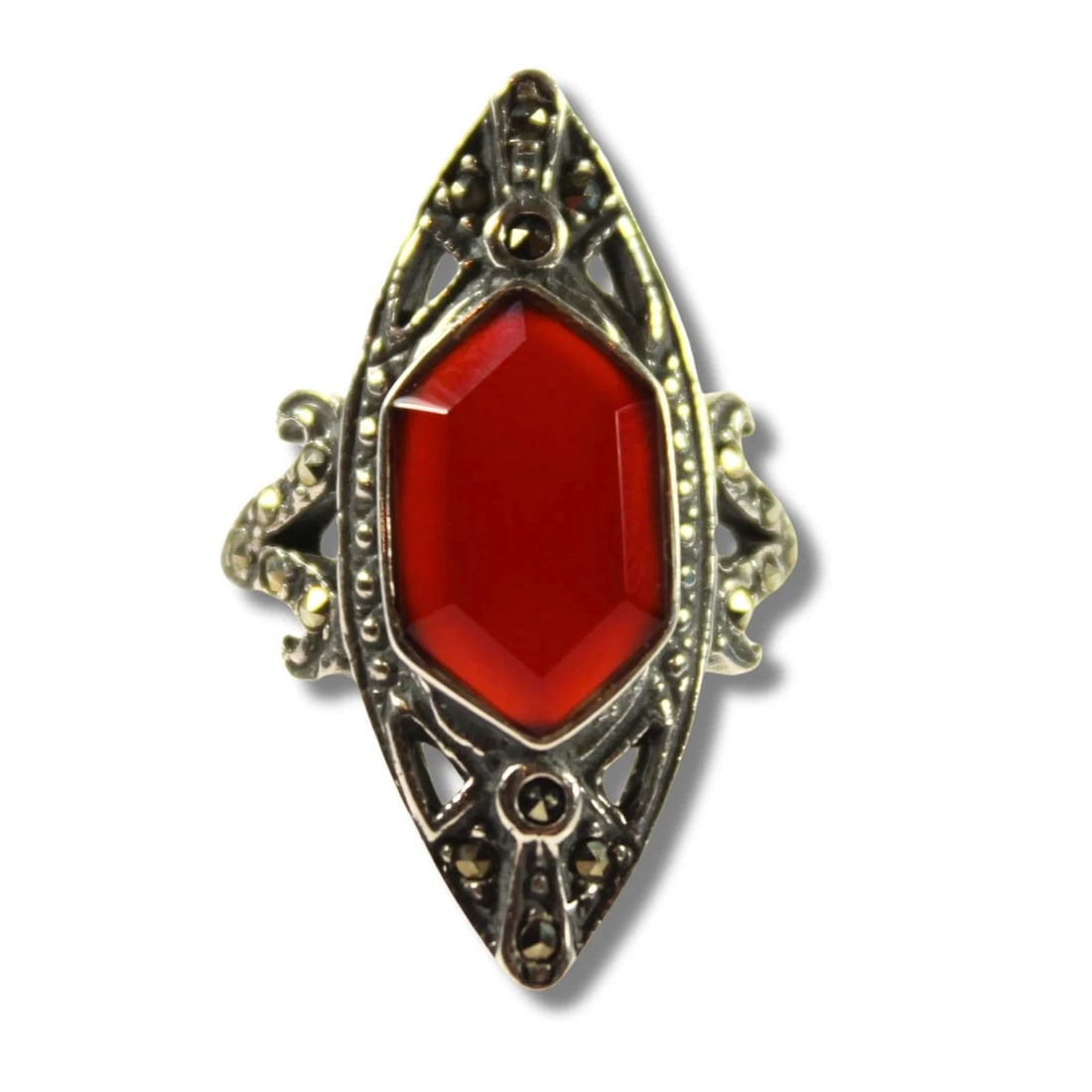 DECO-STYLE CARNELIAN & MARCASITE RING IN STERLING (925) SILVER: Deco-Style Carnelian & Marcasite Ring in Sterling (925) Silver