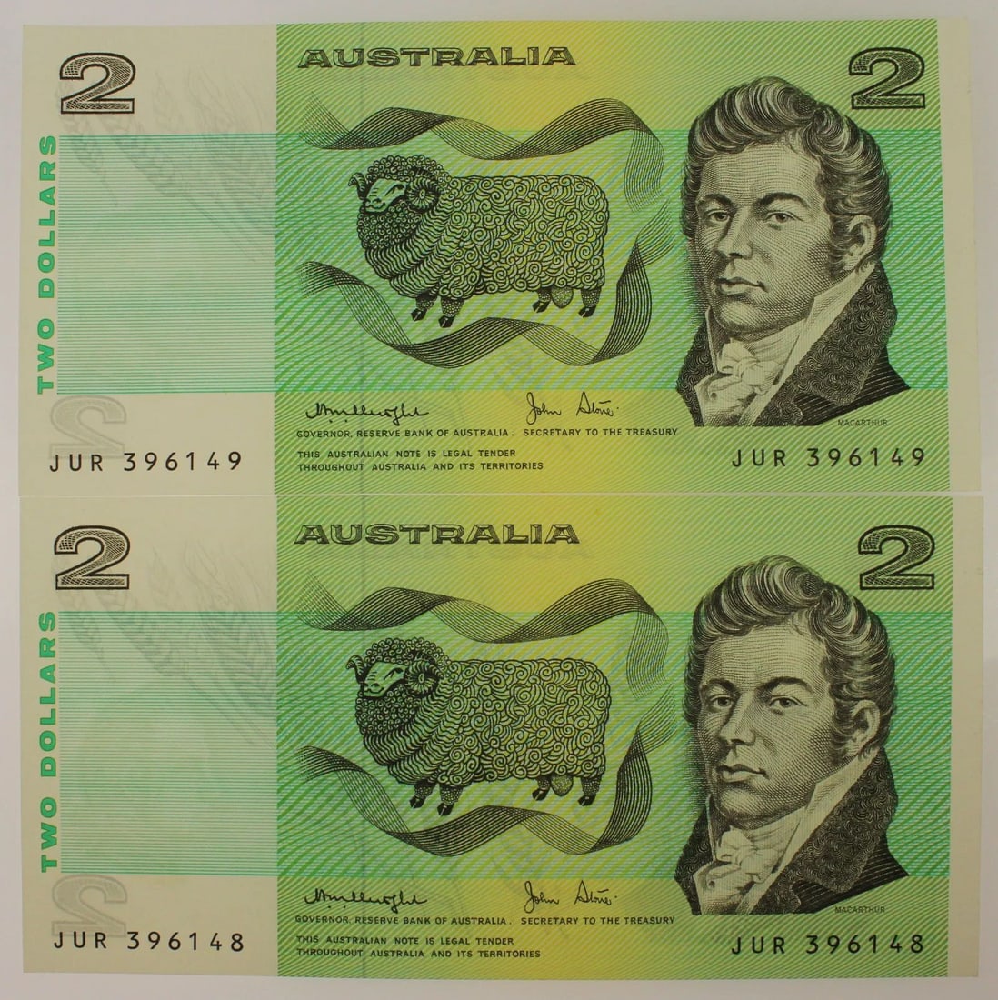 AUSTRALIA 'KNIGHT - STONE' $2 (1979), UNCIRCULATED OPQ (CONSECUTIVE PAIR): Renniks# 87 : Serial# JUR 396148-9ConditionO(riginal) P(aper) Q(uality)MediumCoins, Monies & StampsExhibitedPaper Money, Australia & New Zealand