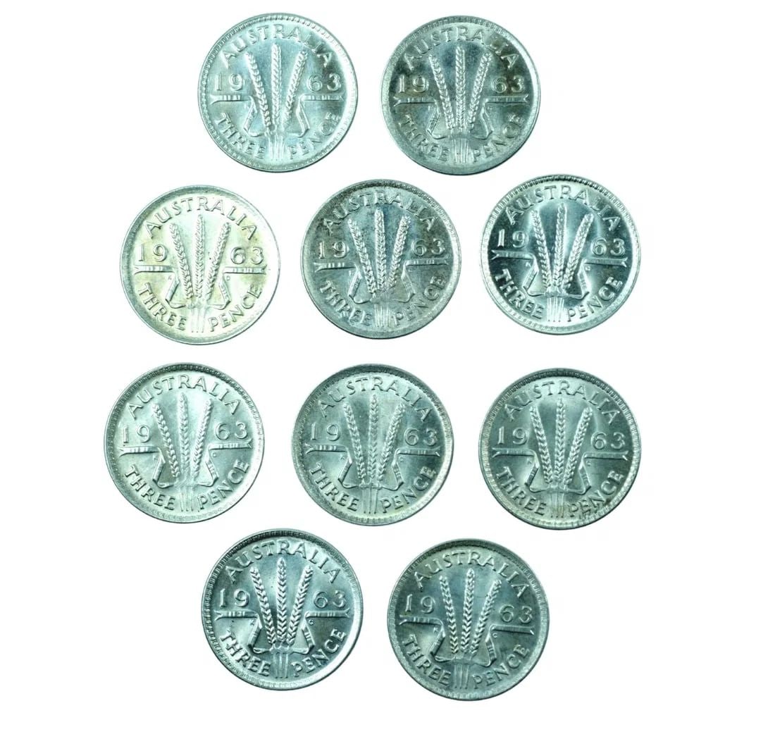 AUSTRALIA 1963 SILVER (500) THREEPENCES, CHOICE UNCIRCULATED (10 COINS): Australia 1963 Silver (500) Threepences, Choice Uncirculated (10 coins)