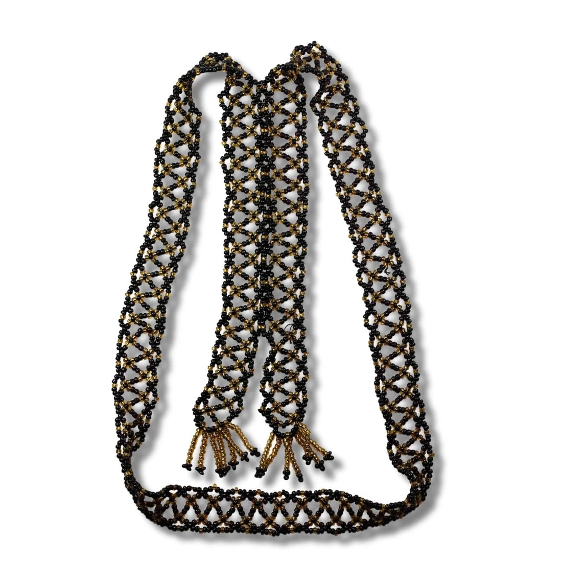 WOVEN 'FLAPPER' NECKLACE WITH BLACK AND GOLD BEADS: Woven 'Flapper' Necklace with Black and Gold Beads