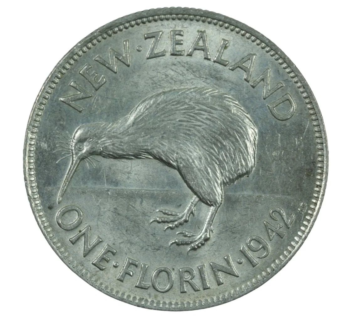 NEW ZEALAND 1942 SILVER (500) FLORIN, UNCIRCULATED (1 of 2)