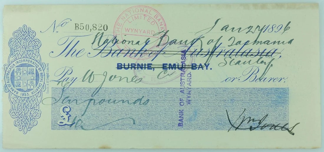 AUSTRALIA 19TH CENTURY 'NATIONAL BANK OF TASMANIA LIMITED' CHEQUE, VERY FINE (1 of 2)