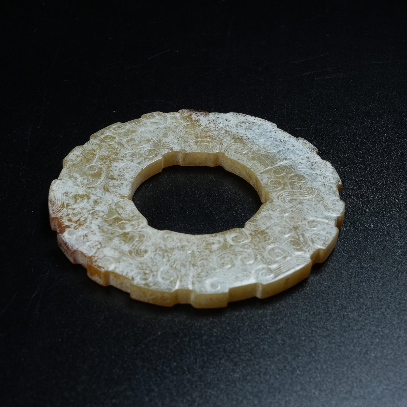 A ANCIENT JADE BI DISC WITH HOOKED CLOUD PATTERNS - 7
