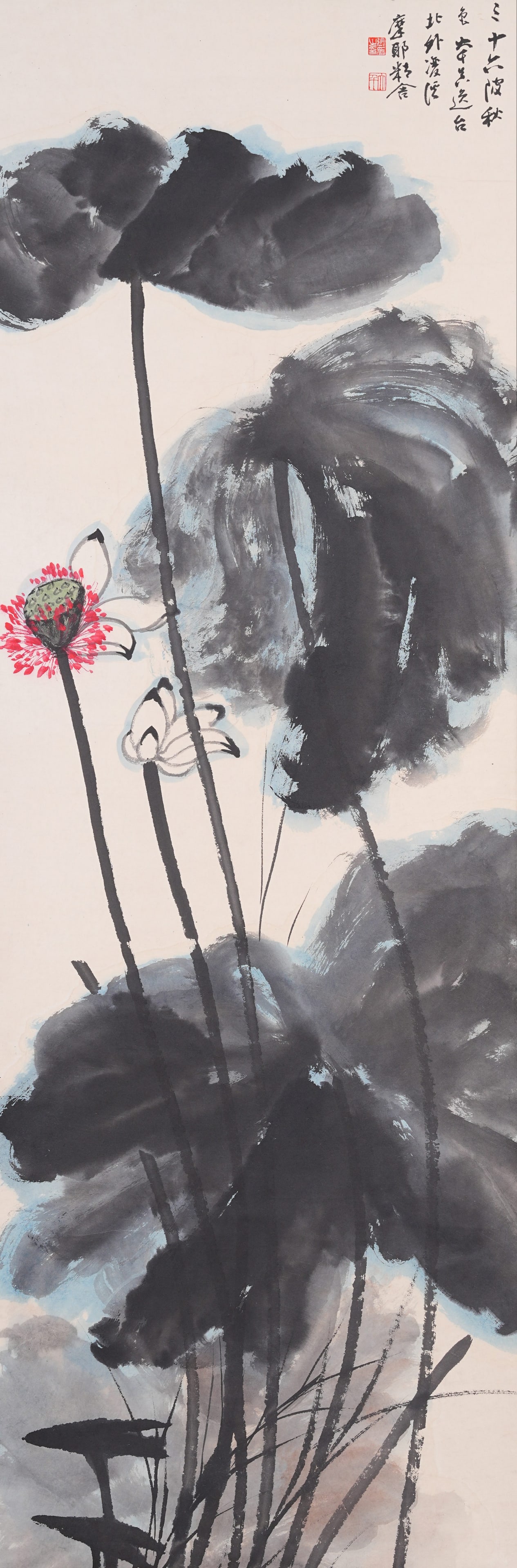 A LOTUS PAINTING ON PAPER BY ZHANG DAQIAN.張大千: Lotus Painting on Paper by Zhang Daqian.張大千