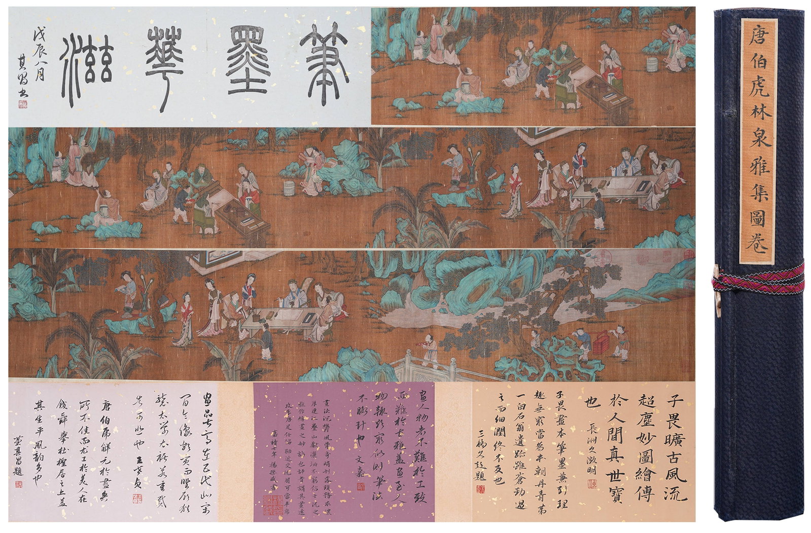 A ELEGANT GATHERING IN WOODS AND SPRINGS PAINTING HANDSCROLL ON SILK BY TANG BOHU.唐伯: Elegant Gathering in Woods and Springs Painting Handscroll on Silk by Tang Bohu.唐伯虎