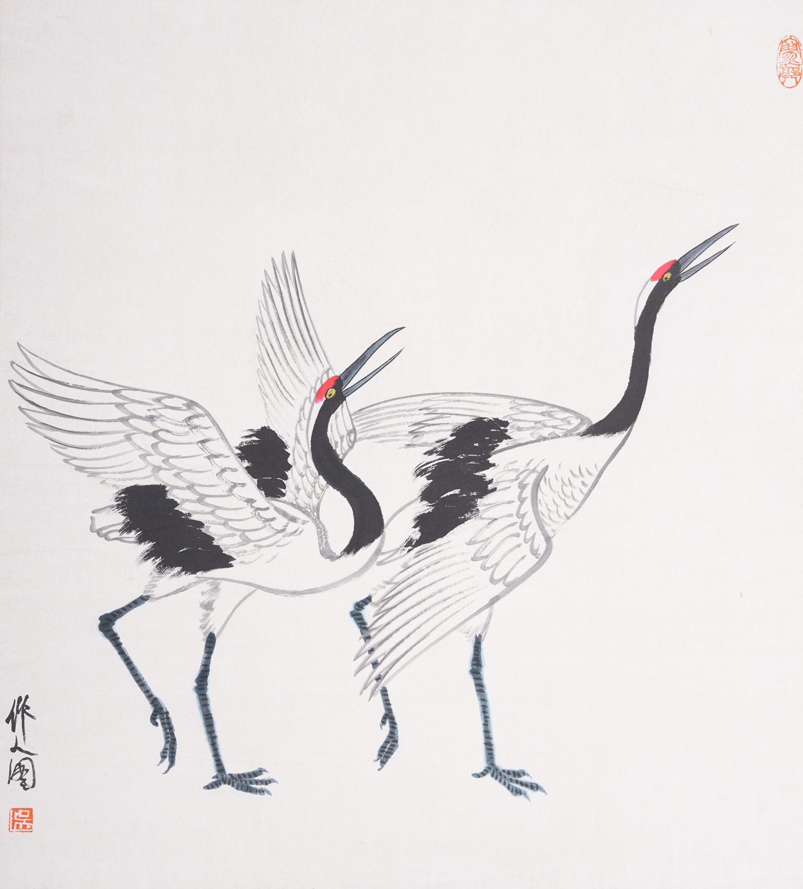 A PAIR OF CRANES PAINTING ON PAPER BY WU ZUOREN.吳作人: Pair of Cranes Painting on Paper by Wu Zuoren.吳作人