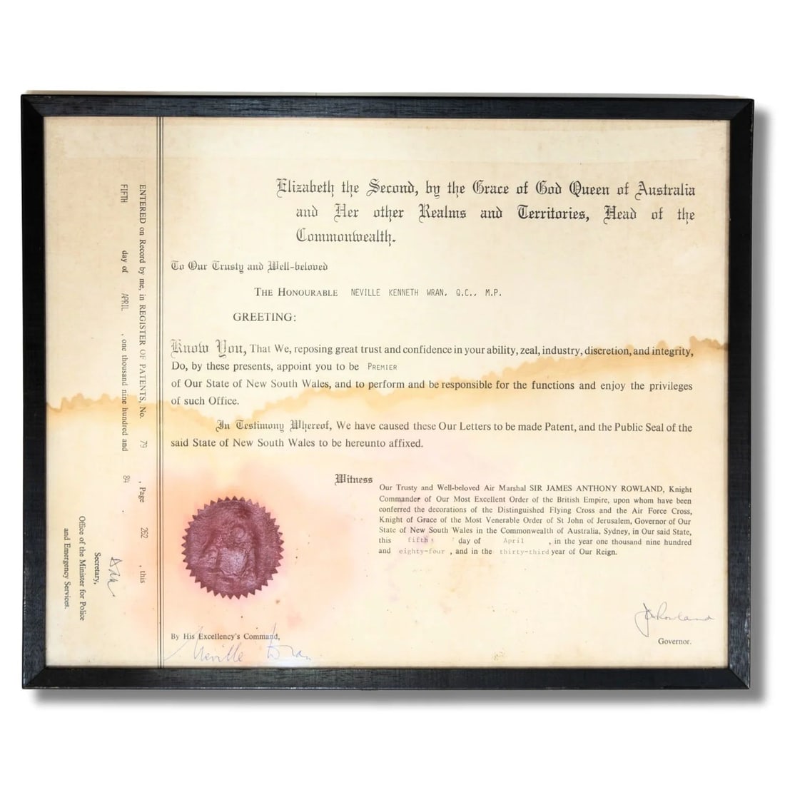 CHARTER APPOINTING OF NEVILLE WRAN AS 'PREMIER' OF NEW SOUTH WALES 5 APRIL 1984 (1 of 2)