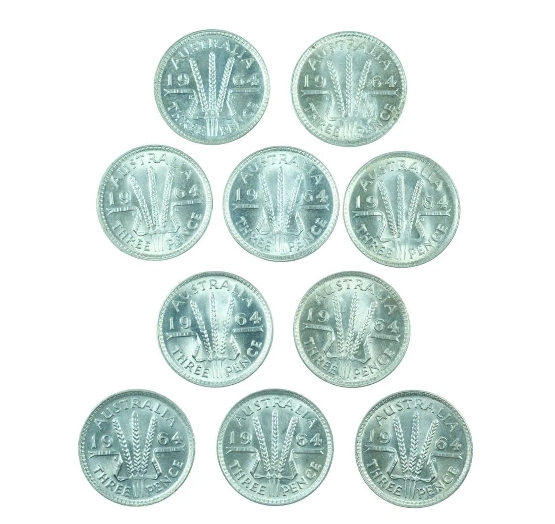 AUSTRALIA 1964 SILVER (500) THREEPENCES, CHOICE UNCIRCULATED (10 COINS): Australia 1964 Silver (500) Threepences, Choice Uncirculated (10 coins)
