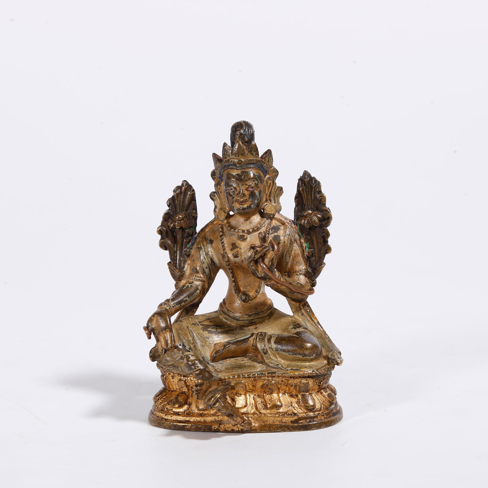 A BRONZE CLAY-GILDED GREEN TARA STATUE (1 of 9)