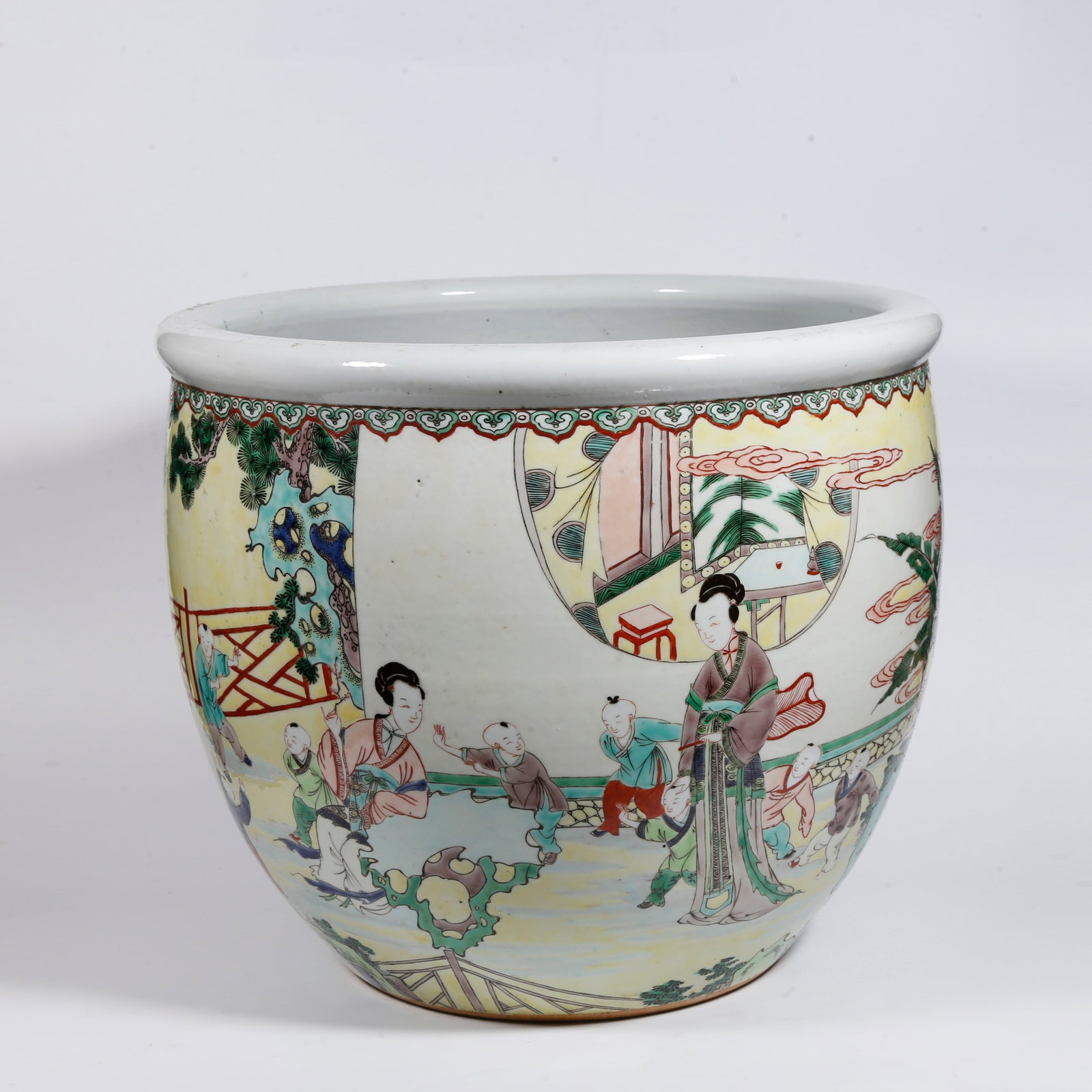 A YELLOW GROUND WUCAI JAR WITH FIGURE STORY PATTERN: Yellow Ground Wucai Jar with Figure Story Pattern