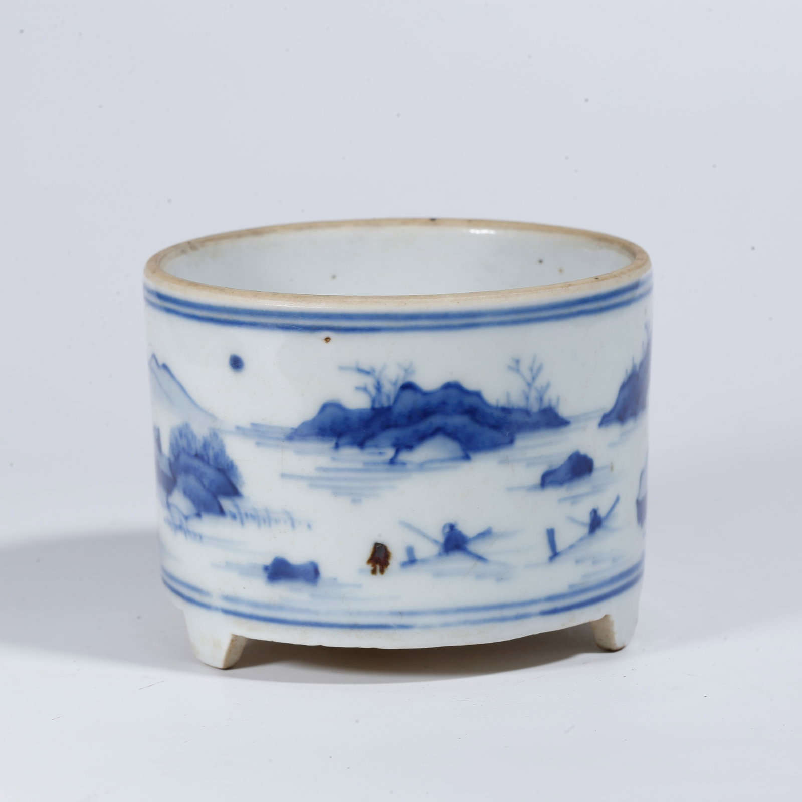 A BLUE AND WHITE CENSER WITH LANDSCAPE AND FIGURE PATTERN: Blue and White Censer with Landscape and Figure Pattern