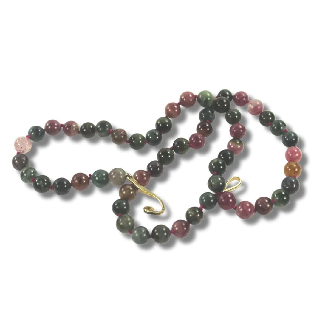 MULTI-COLOURED TOURMALINE BEAD NECKLACE WITH GILT STERLING SILVER CLASP: Multi-coloured Tourmaline Bead Necklace with Gilt Sterling Silver Clasp