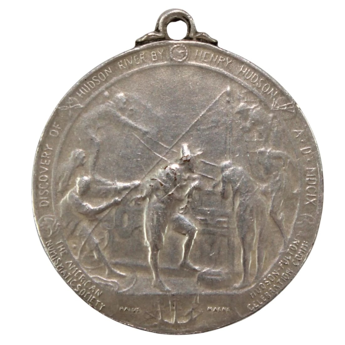 U.S.A. 'HENRY HUDSON & ROBERT FULLER' SILVER-PLATED COMMEMORATIVE FOB ISSUED IN 1909 (1 of 2)