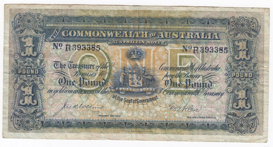 AUSTRALIA 'COLLINS - ALLEN' GEORGE V ?1 (1913), CRISP VERY FINE DETAILS: Renniks# 18b : Serial# R 393385Condition2 Pin holesMediumCoins, Monies & Stamps