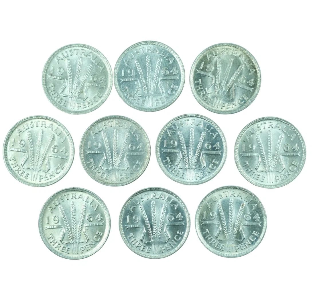 AUSTRALIA 1964 SILVER (500) THREEPENCES, CHOICE UNCIRCULATED (10 COINS): Australia 1964 Silver (500) Threepences, Choice Uncirculated (10 coins)